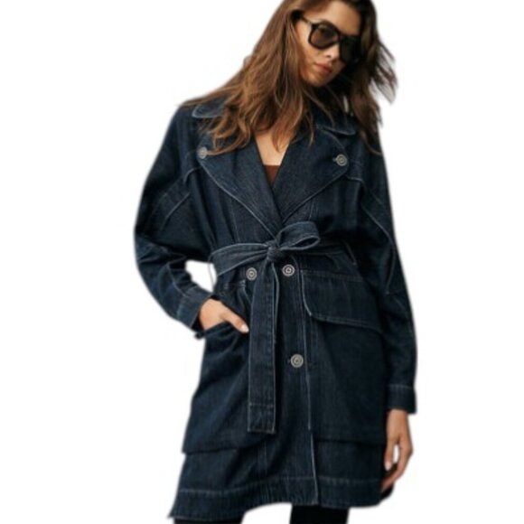 Anthropologie Pilcro Oversized Draped Dolman Denim Belted Trench Coat, Size S - Picture 2 of 9